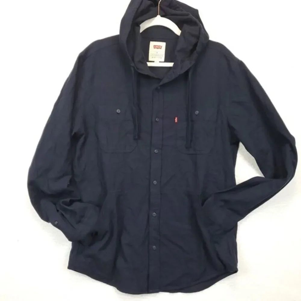Levi's Button Up Hooded Shirt Men M Long Sleeve Front‎ Pockets Navy Blue Cotton